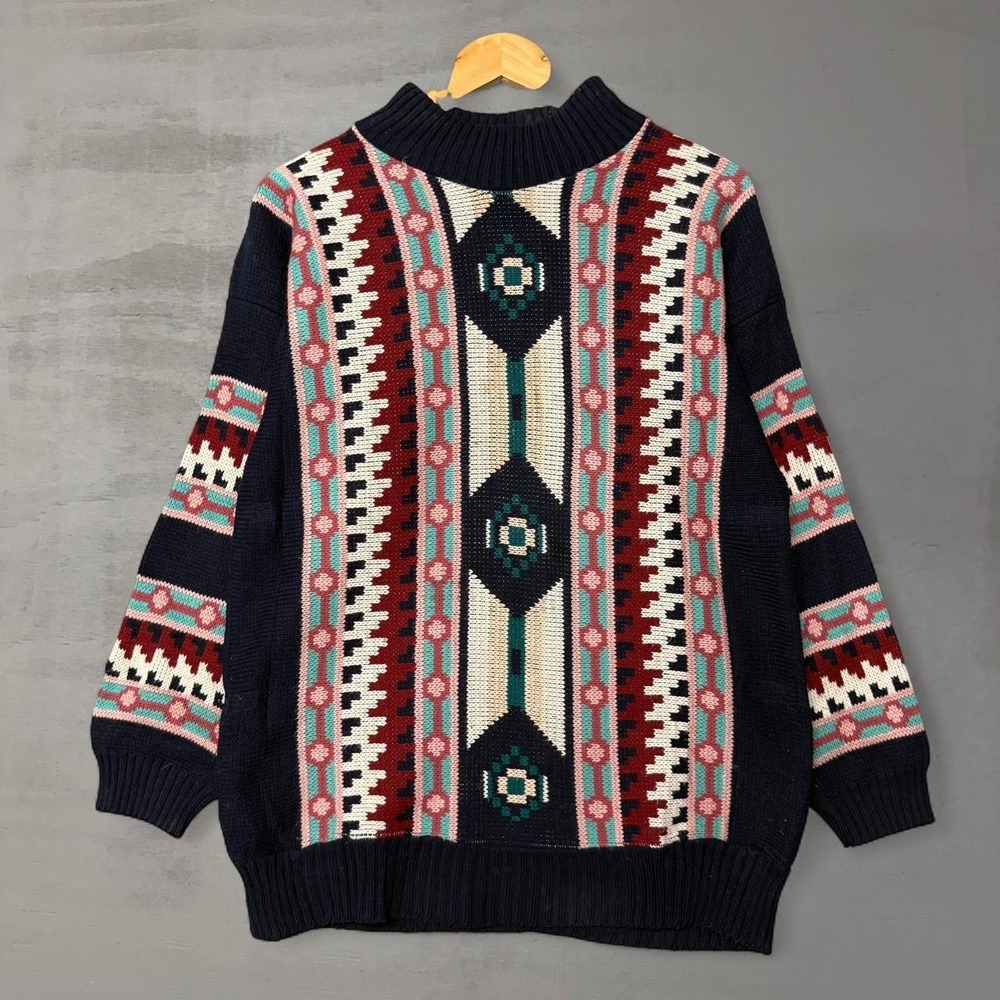 Vintage Clifton Place Sweater Navy Pink Southwestern Aztec Knit Mock Neck Large